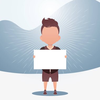 Boş afişi olan sevimli bir anaokulu çocuğu. Logo, metin ya da tasarım için yer. Çizgi film tarzında vektör illüstrasyonu.