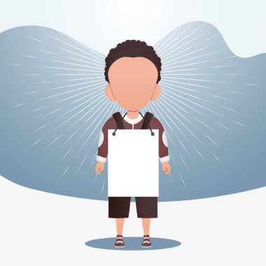 Boş afişi olan küçük sevimli bir çocuk. Mesajın için yer aç. Çizgi film tarzı. Vektör illüstrasyonu.