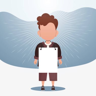 Boş afişi olan küçük sevimli bir çocuk. Logo, metin ya da tasarım için yer. Çizgi film tarzı. Vektör illüstrasyonu.