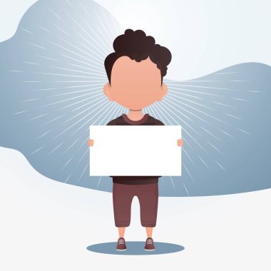 Boş afişi olan küçük sevimli bir çocuk. Mesajın için yer aç. Çizgi film tarzında vektör illüstrasyonu.