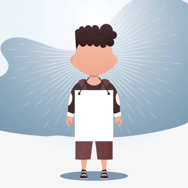 Boş afişi olan küçük sevimli bir çocuk. Logo, metin ya da tasarım için yer. Çizgi film tarzı. Vektör illüstrasyonu.