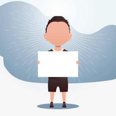 Boş afişi olan küçük sevimli bir çocuk. Mesajın için yer aç. Çizgi film tarzı. Vektör illüstrasyonu.