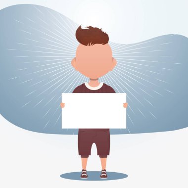 Boş afişi olan küçük sevimli bir çocuk. Logo, metin ya da tasarım için yer. Çizgi film tarzında vektör illüstrasyonu.