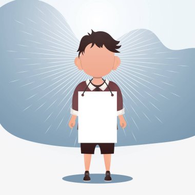 Boş tabelası olan küçük sevimli bir çocuk. Mesajın için yer aç. Çizgi film tarzında vektör illüstrasyonu.