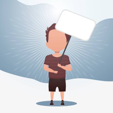 Boş tabelası olan küçük sevimli bir çocuk. Logo, metin ya da tasarım için yer. Çizgi film tarzı. Vektör illüstrasyonu.