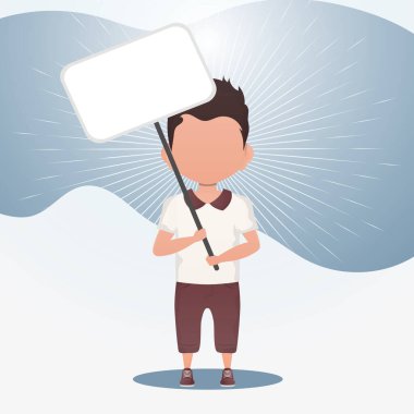 Boş tabelası olan küçük sevimli bir çocuk. Logo, metin ya da tasarım için yer. Çizgi film tarzında vektör illüstrasyonu.