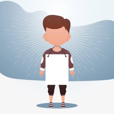 Boş tabelası olan küçük sevimli bir çocuk. Mesajın için yer aç. Çizgi film tarzı. Vektör illüstrasyonu.