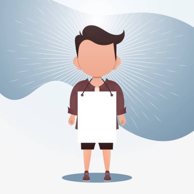 Boş afişi olan şirin bir erkek bebek. Logo, metin ya da tasarım için yer. Çizgi film tarzında vektör illüstrasyonu.