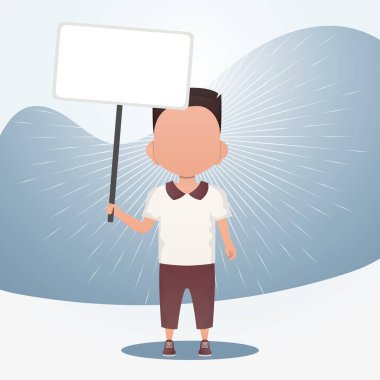 Boş afişi olan şirin bir erkek bebek. Mesajın için yer aç. Çizgi film tarzında vektör illüstrasyonu.