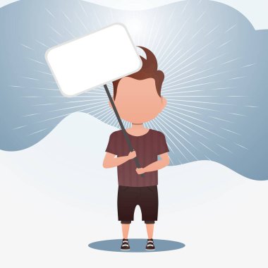 Boş afişi olan şirin bir erkek bebek. Mesajın için yer aç. Çizgi film tarzında vektör illüstrasyonu.