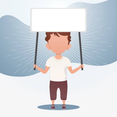 Boş afişi olan şirin bir erkek bebek. Logo, metin ya da tasarım için yer. Çizgi film tarzı. Vektör illüstrasyonu.