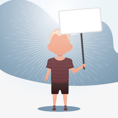 Boş afişi olan şirin bir erkek bebek. Mesajın için yer aç. Çizgi film tarzı. Vektör illüstrasyonu.