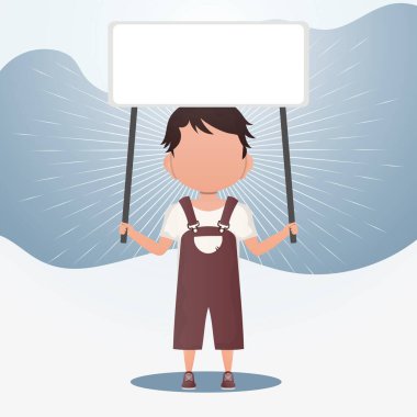 Boş afişi olan şirin bir erkek bebek. Mesajın için yer aç. Çizgi film tarzı. Vektör illüstrasyonu.