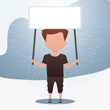 Boş afişi olan şirin bir erkek bebek. Logo, metin ya da tasarım için yer. Çizgi film tarzında vektör illüstrasyonu.