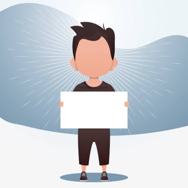 Boş afişi olan şirin bir erkek bebek. Logo, metin ya da tasarım için yer. Çizgi film tarzı. Vektör illüstrasyonu.