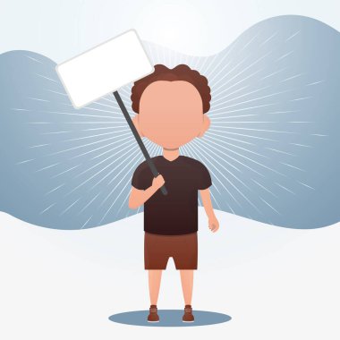 Elinde boş bir tabela tutan sevimli bir oğlan çocuğu. Logo, metin ya da tasarım için yer. Çizgi film tarzı. Vektör illüstrasyonu.