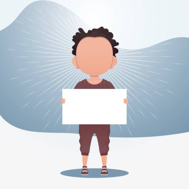 Elinde boş bir tabela tutan sevimli bir oğlan çocuğu. Mesajın için yer aç. Çizgi film tarzı. Vektör illüstrasyonu.