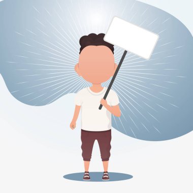 Boş afişi olan sevimli bir anaokulu çocuğu. Mesajın için yer aç. Çizgi film tarzında vektör illüstrasyonu.