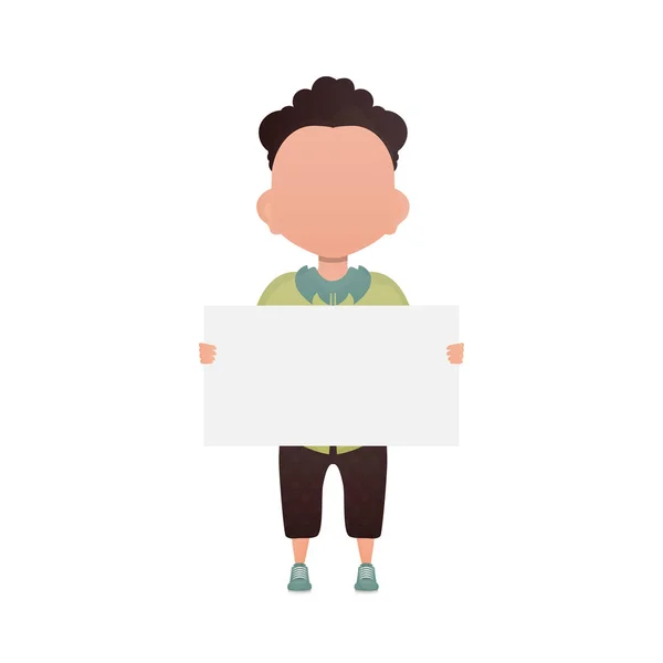 Lindo Niño Pequeño Con Una Pancarta Blanco Aislado Sobre Fondo — Vector de stock