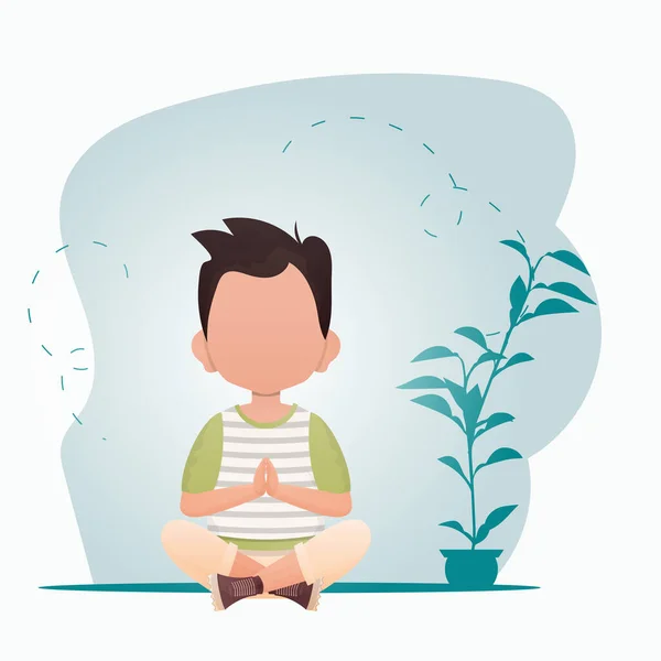 Cute Little Boy Meditating Room Healthy Life Concept Vector Illustration — Wektor stockowy