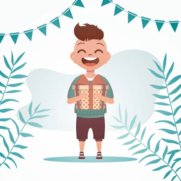 Mutlu çocuk ayağa kalkar ve elinde bir yayla bir hediye tutar. Doğum günü, yeni yıl ya da tatil teması. Çizgi film tarzında vektör illüstrasyonu.