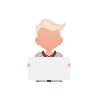 Beyaz çarşaf tutan sevimli bir çocuk. İzole edilmiş. Çizgi film tarzı. Vektör illüstrasyonu