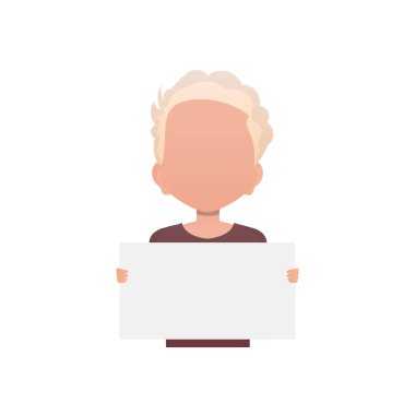 Anaokulu çağındaki çocuk beyaz bir sayfa gösteriyor. İzole edilmiş. Çizgi film tarzı. Vektör illüstrasyonu