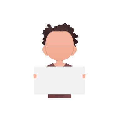 Anaokulu çocuğu bir poster tutuyor. İzole edilmiş. Çizgi film tarzı. Vektör illüstrasyonu