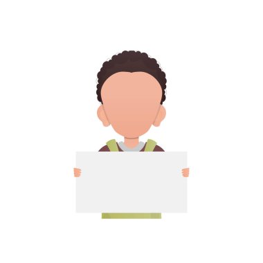 Küçük çocuk elinde boş bir pankart tutuyor. İzole edilmiş. Çizgi film tarzı. Vektör illüstrasyonu