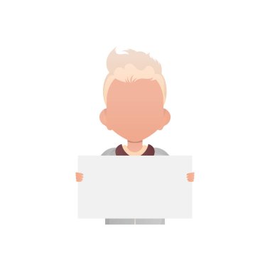 Küçük çocuk bir poster tutuyor. İzole edilmiş. Çizgi film tarzı. Vektör illüstrasyonu