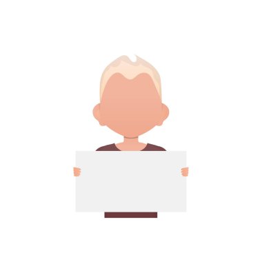 Küçük çocuk beyaz bir çarşaf tutuyor. İzole edilmiş. Çizgi film tarzı. Vektör illüstrasyonu