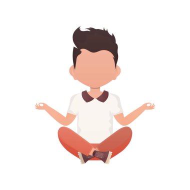 Sevimli bir anaokulu çocuğu lotus pozisyonunda meditasyon yapıyor. İzole edilmiş. Çizgi film tarzı. Vektör illüstrasyonu