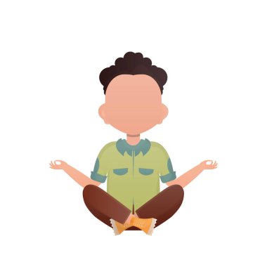 Anaokulu çocuğu lotus pozisyonunda oturuyor. İzole edilmiş. Çizgi film tarzı. Vektör illüstrasyonu