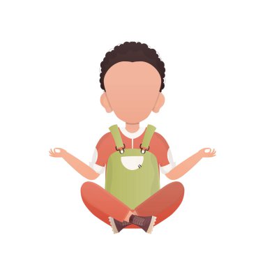 Lotus pozisyonunda oturan anaokulu çocuğu. İzole edilmiş. Çizgi film tarzı. Vektör illüstrasyonu