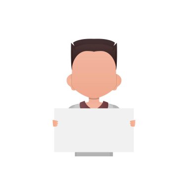 Küçük çocuk bir poster tutuyor. İzole edilmiş. Çizgi film tarzı. Vektör illüstrasyonu