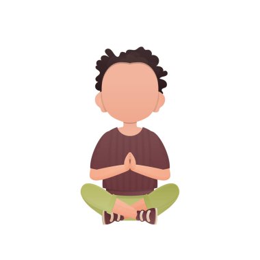 Tatlı anaokulu çocuğu meditasyon yapıyor. İzole edilmiş. Çizgi film tarzı. Vektör illüstrasyonu