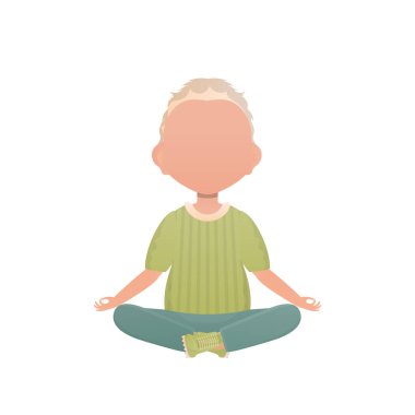 Küçük çocuk lotus pozisyonunda oturuyor. İzole edilmiş. Çizgi film tarzı. Vektör illüstrasyonu