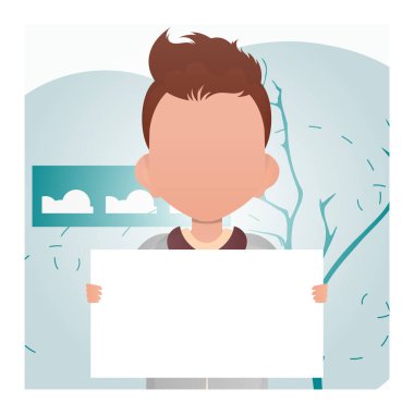 Elinde boş bir poster tutan sevimli anaokulu çocuğu. Reklamcılık. Çizgi film tarzı. Vektör illüstrasyonu