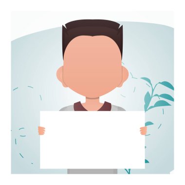 Elinde boş bir pankart tutan sevimli bir çocuk. Reklamcılık. Çizgi film tarzı. Vektör illüstrasyonu