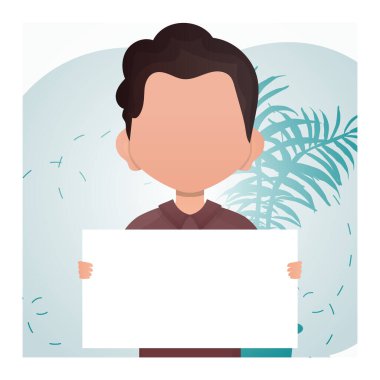 Boş afiş taşıyan sevimli anaokulu çocuğu. Reklamcılık. Çizgi film tarzı. Vektör illüstrasyonu