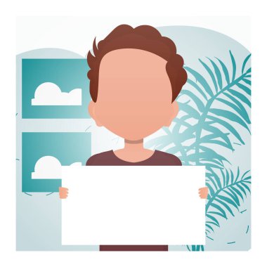 Elinde boş bir poster tutan sevimli anaokulu çocuğu. Reklamcılık. Çizgi film tarzı. Vektör illüstrasyonu