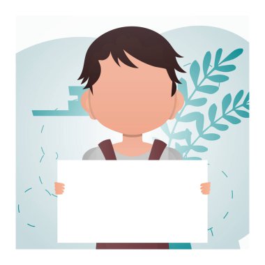 Elinde boş bir afiş tutan sevimli anaokulu çocuğu. Reklamcılık. Çizgi film tarzı. Vektör illüstrasyonu