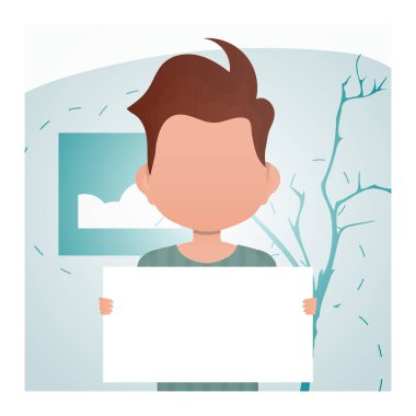 Elinde boş bir afiş tutan sevimli anaokulu çocuğu. Mesaj için yer. Çizgi film tarzı. Vektör illüstrasyonu