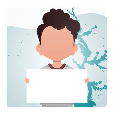 Küçük bir çocuk elinde boş bir poster tutuyor. Mesaj için yer. Çizgi film tarzı. Vektör illüstrasyonu