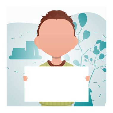 Küçük bir çocuk elinde boş bir poster tutuyor. Reklamcılık. Çizgi film tarzı. Vektör illüstrasyonu