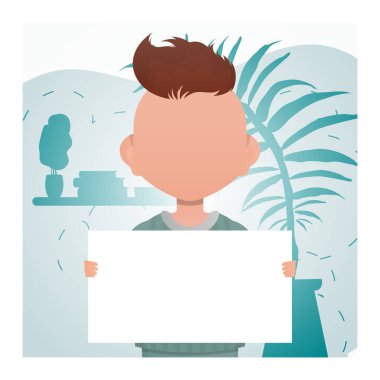 Elinde boş bir pankart tutan küçük bir çocuk. Mesaj için yer. Çizgi film tarzı. Vektör illüstrasyonu