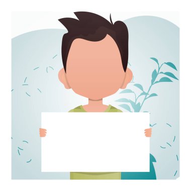 Elinde boş bir pankart tutan küçük bir çocuk. Reklamcılık. Çizgi film tarzı. Vektör illüstrasyonu