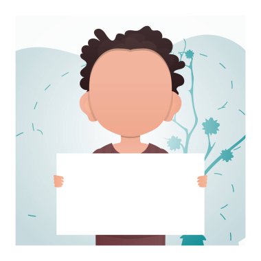 Küçük bir çocuk boş bir çarşaf tutuyor. Reklamcılık. Çizgi film tarzı. Vektör illüstrasyonu