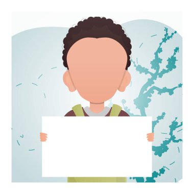 Küçük bir çocuk elinde boş bir poster tutuyor. Mesaj için yer. Çizgi film tarzı. Vektör illüstrasyonu