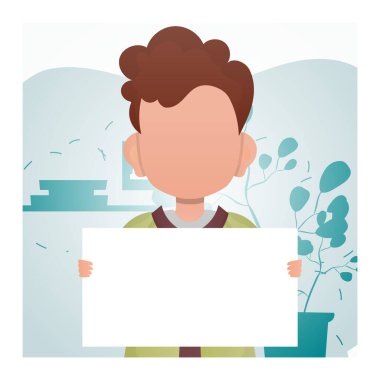 Küçük bir çocuk elinde boş bir pankart tutuyor. Mesaj için yer. Çizgi film tarzı. Vektör illüstrasyonu